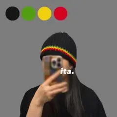 再販【isb029a】クロシェハット ニット帽 ビーニー ラスタカラー 黒ベース