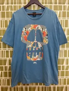 ステューシー スカル Tシャツ XL ブルー メキシコ製 花柄 ストライプ