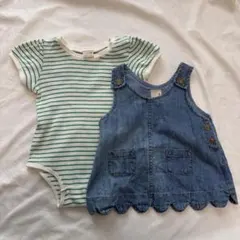 petit main 70 デニムジャンスカ ボーダーロンパース セット
