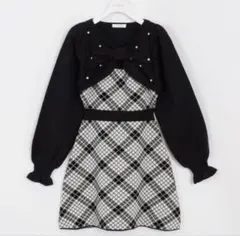 evelyn チェックリボンニットワンピース ブラック
