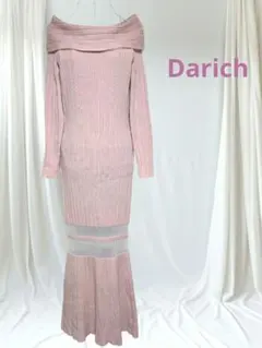 春先コーデ　ダーリッチ　レディースロング長袖ニット編みワンピ伸縮性　くすみピンク