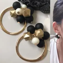 ▫︎◼︎◼︎▫︎goldリング×ブラックアイボリーピアス/aaacccu