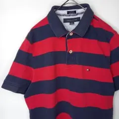 トミーヒルフィガー　ラガー　ポロシャツ　半袖　ボーダー　刺繍ロゴ　赤