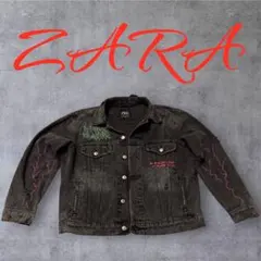 【希少】ZARA デニムジャケット 黒 ダメージ加工 ペイント 刺繍