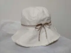 麻素材 ホワイト リボン付き バスケットハット