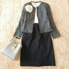コムサイズム　組み合わせスーツ　ノーカラーツイードジャケット　スカート　Sサイズ