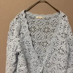 レストローズ　かぎ針編み七分袖カーディガン(M)ライトブルー　Ｖネックショート丈