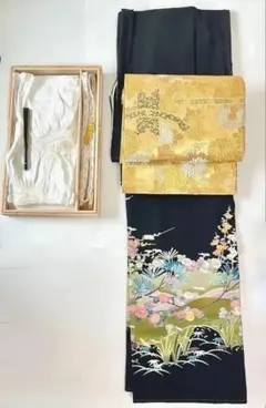 仕付け糸未使用正絹黒留袖&袋帯 & 礼装用唐組帯締め帯揚&末広 ５品 フルセット