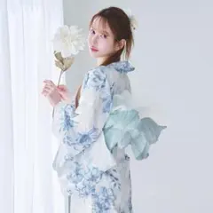 ワンピース浴衣3点set涼の水墨花重ね 帯アイスブルー OP-1のサムネイル