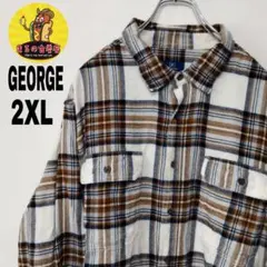 usa古着 GEORGE ネルシャツ　2XL ホワイト　ブラウン　チェック