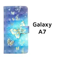 Galaxy A7 バタフライ ホログラム 青 手帳ケース