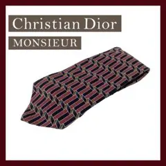 【美品】クリスチャンディオール ネクタイ シルク ネイビー×レッド 幾何学柄