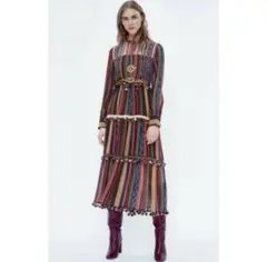 ZARA ポンポン付 ストライプ柄 ロングワンピース