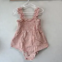 MONBEBE ギンガムチェック ピンク　ロンパース Sサイズ