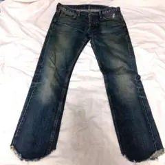 ARMANIJEANSダークブルー ストレートデニムロゴフリンジ付き裾30サイズ
