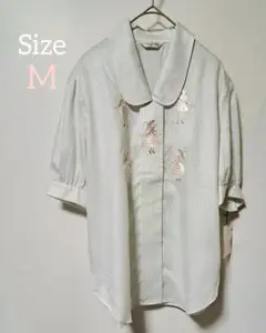新品未使用刺繍入りストライプ柄半袖パフスリーブ ブラウス　M　トップス