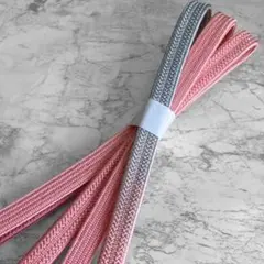 絹 帯締め☆綾高麗組 平組 薄藍(くすみブルー・青)×ピンク×控えめな金糸 組紐