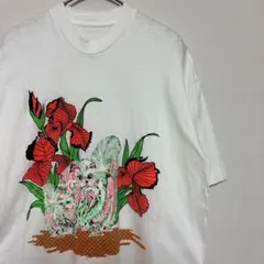 90s vintage アニマル 猫 花Tシャツ 古着 レトロ CAT ビビッド