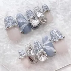 現品 量産型 ワンホン ちゅるん 水色 ツイード ビジュー ネイルチップ