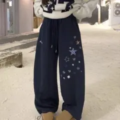 星柄刺繍 スウェットパンツ ネイビー ワイドシルエット