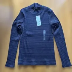 新品　UNIQLO　リブハイネックT　ネイビー　M