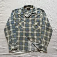 70s Sears プリントネルシャツ M オンブレチェック開襟 ヴィンテージ
