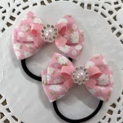 ハンドメイド ヘアゴム 花柄 ピンクリボン きらきらパーツ a492