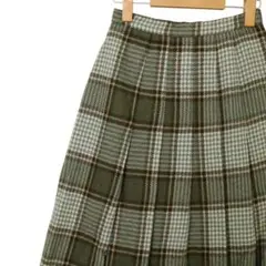 【極美品】ウール100% チェック柄プリーツスカート 9号 グリーン 裏地付き