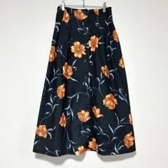 n1075【ムルーア】 MURUA 花柄 ロングスカート コーデュロイ 紺 M