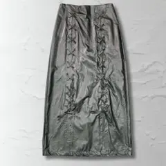 スカート　ロングスカート　レディース　メタリックレースアップ　メタリックグレー