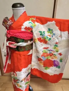 七五三に☆赤色に鈴と飛鶴 四季花々 7歳着物セット - メルカリ