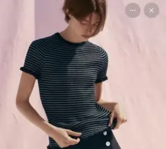 ZARA ストライプ 半袖セーター ネイビー　 S