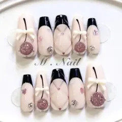 ネイルチップ フレンチガーリー リボン ピンク さくらんぼネイル 量産型 韓国