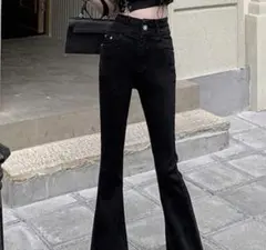 ハイウエスト フレアパンツ エラスティック フレアレッグジーンズ ポケット付き