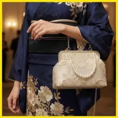 2wayパーティバッグ パール 刺繍 花柄 がま口 チェーン 結婚式お呼ばれ上品