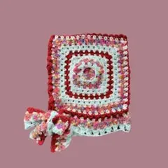 フード帽子　バラクラバ　マフラー　ハンドメイド　かぎ編み　ボンネット　赤　リボン