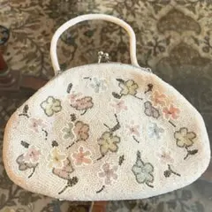 【レトロ】 白ビーズ花柄刺繍 パーティーハンドバッグ