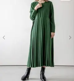 プリーツ切り替えロングワンピース グリーン