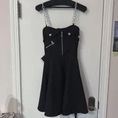 ライダース風 チェーンストラップ ミニワンピース ブラック