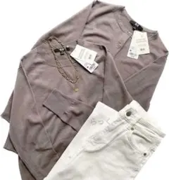 【UNIQLO】エクストラファインメリノ クルーネック アンサンブル グレージュ