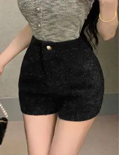 ハイウエスト黒ツイードショートパンツ