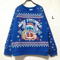 ディズニー スティッチ サンタ スウェット ネイビー 雪柄 クリスマス US L