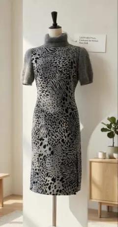 LEONARD カシミヤ・スーパーキッドモヘヤ混 アニマル柄ニットワンピース