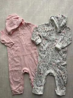 【セット】長袖ロンパース オールドネイビー 花柄 ピンク ドット 白 綿