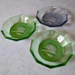 レトロガラス 10角小皿 3枚 グリーン・ブルー カットガラス 野菜模様 骨董