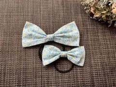 ヘアゴム　リボン　お揃い　おしゃれ　ヘアアクセ　花柄　水色　発表会