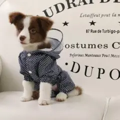 犬用 レインコート 犬の服 ＊ ネイビーM　水玉　ドット　可愛い ＊フード付き！