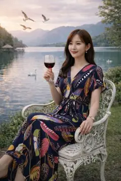 新品Fフランス製女らしく若見え＆美お顔映りロングワンピース　ランチディナー旅行等のサムネイル
