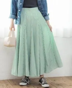 coca コカ　ロングフレアスカート　ストライプ　グリーン　Ｆ
