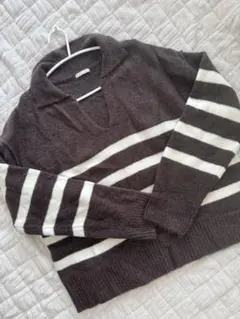ダークブラウン ホワイト ストライプ ニット